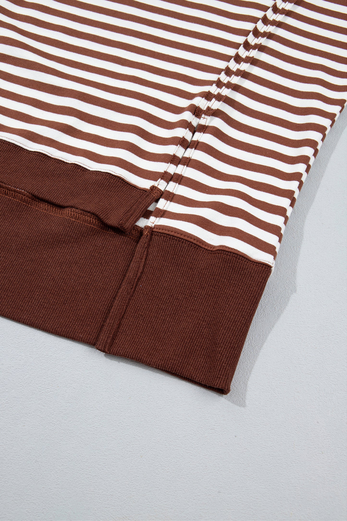 Brown Stripe Color Block Trim Raw Seam Split Hem Loose Pullover Sweatshirt