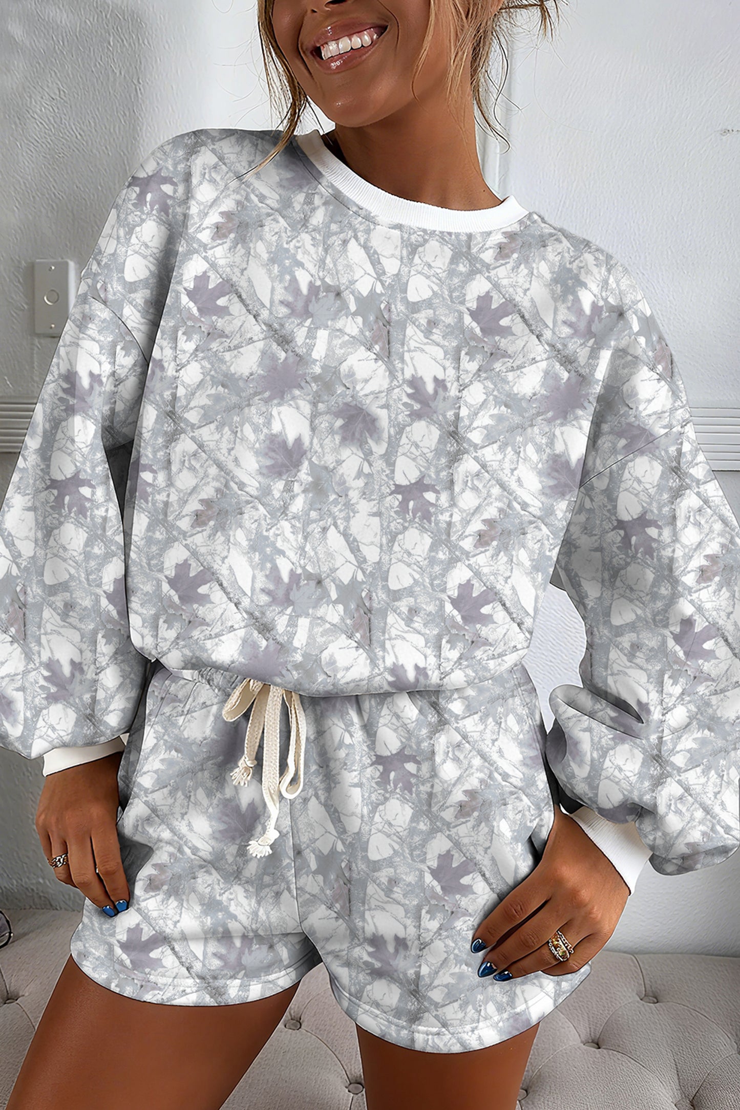 Brown Abstract Woodland Camo Print Baggy Pullover Drawstring Shorts Set