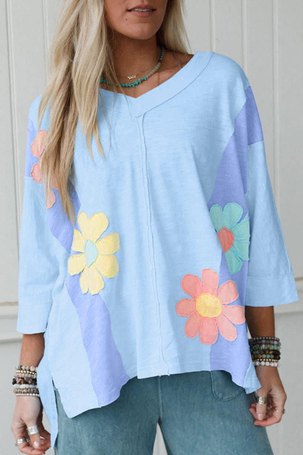 Pink Flower Patched Exposed Seam Bracelet Sleeve Oversized T Shirt