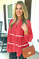 Coral Contrast Ricrac Trim V Neck Button Down Long Sleeve Shirt
