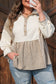 Khaki Stripe Plus Size Color Block Patchwork Half Button Long Sleeve Peplum Blouse