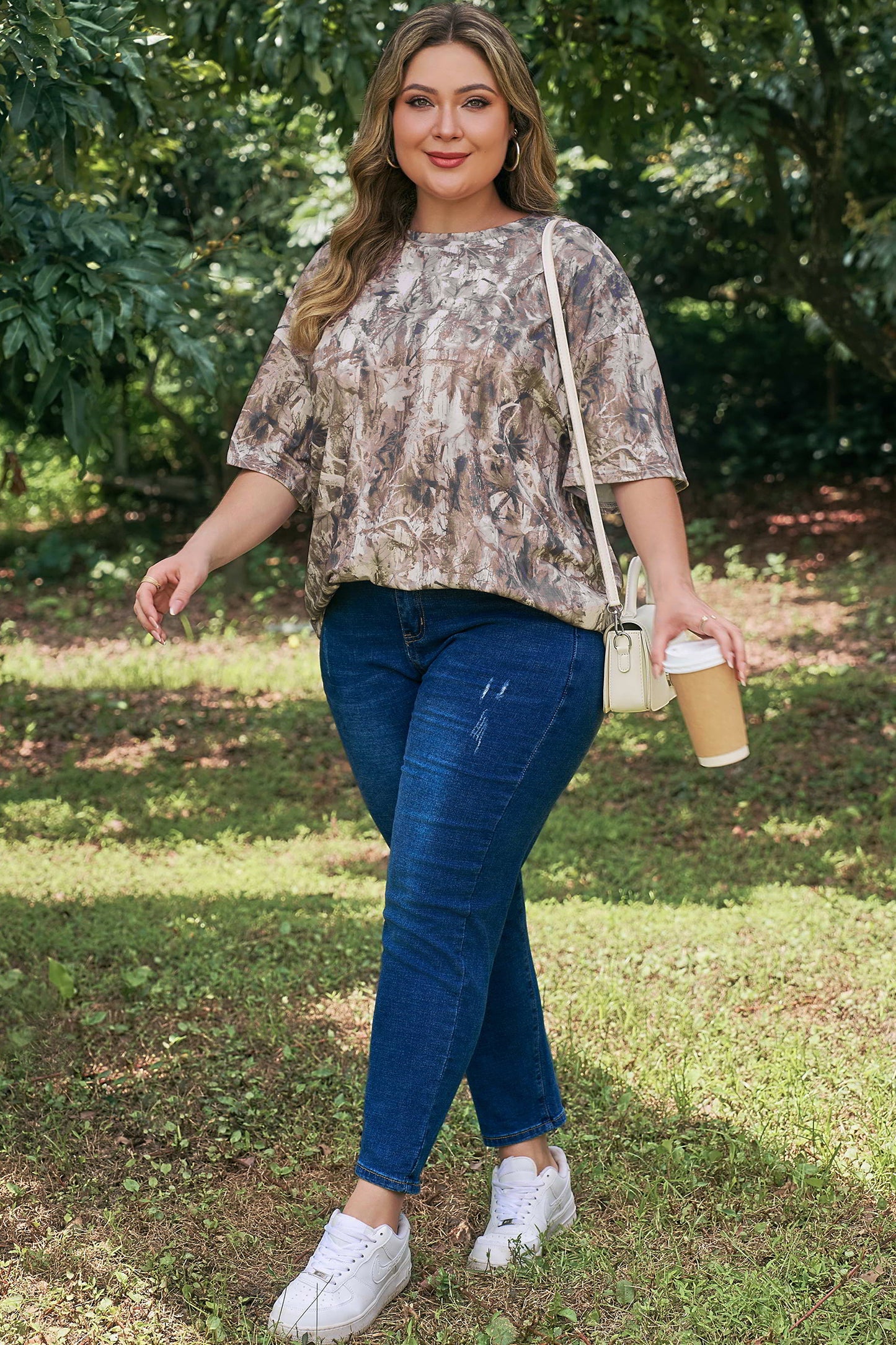 Khaki Plus Size Woodland Camouflage Print T Shirt