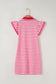 Sachet Pink Stripe Print Contrast Collar Split Neck Flutter Sleeve Short Dress