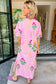 Pink Floral Print Short Sleeve Colorblcok Trim V Neck Midi Dress