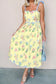 Beige Floral Print Contrast Trim Self-tie Straps High Waist Midi Dress