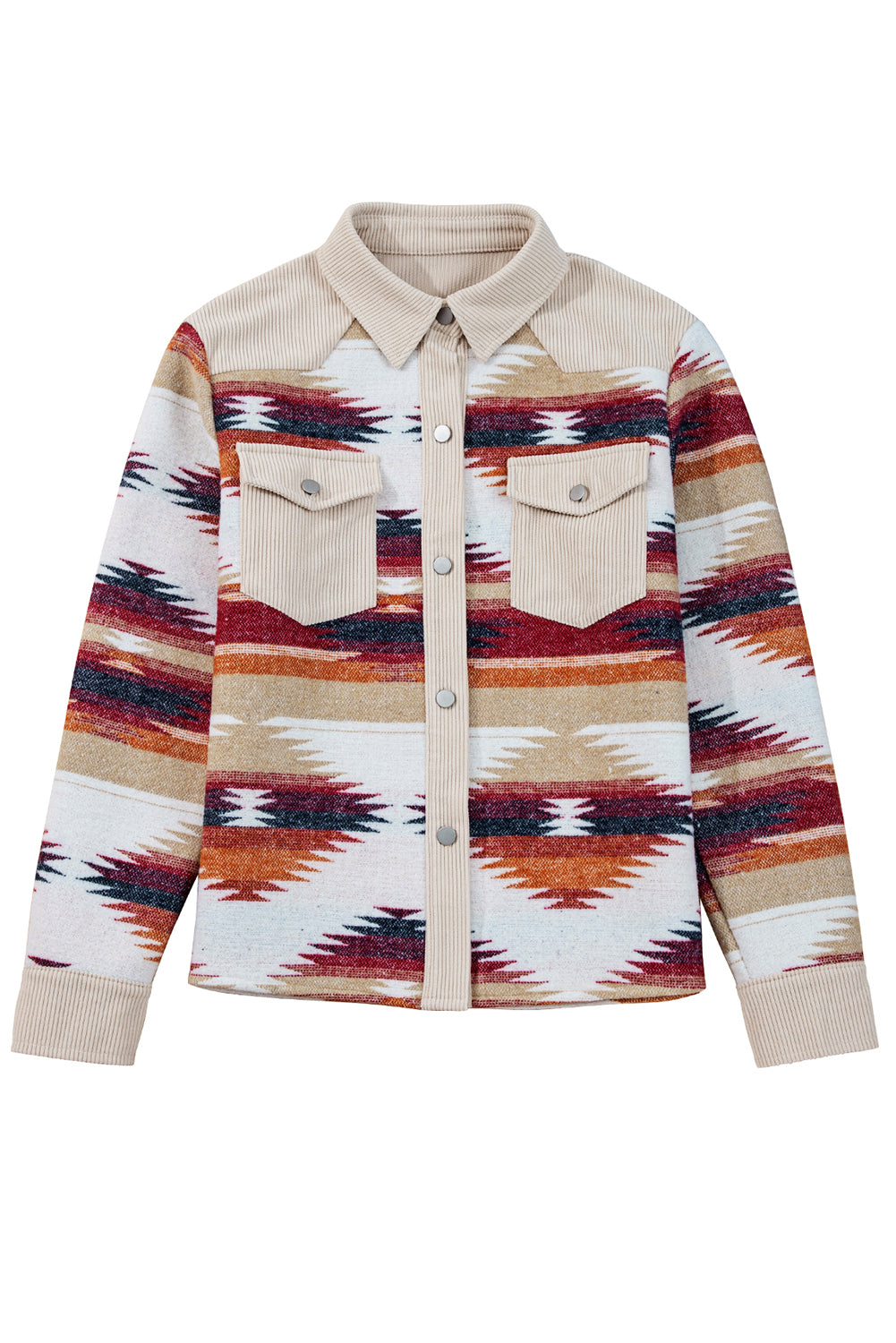 Multicolour Western Aztec Striped Patchwork Double Flap Pocket Raw Hem Shacket