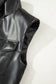 Black Double Flap Pocket Faux Leather Zip Up Stand Neck Vest