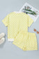 Sky Blue Polka Dot Print Color Block Trim Mock Neck Short Set