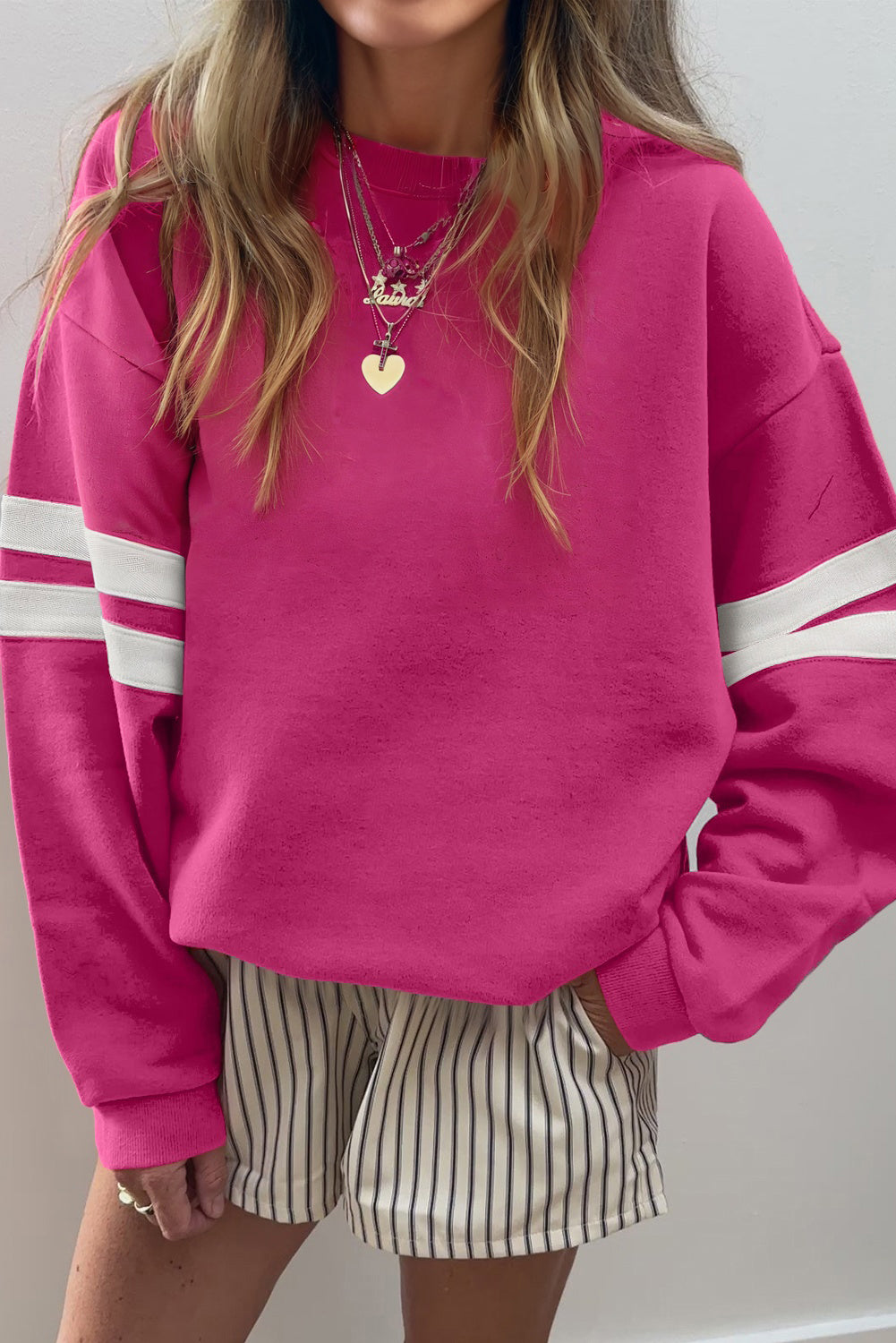 Light French Beige Varsity Striped Detail Drop Shoulder Oversized Sweatshirt