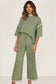 Navy Blue Contrast Trim Half Sleeve Top Drawstring Pants Loose 2pcs Sweater Suit