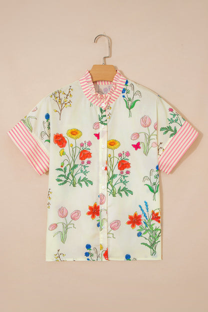 Beige Floral Striped Patchwork Ruffled Collar Short Sleeve Shirt