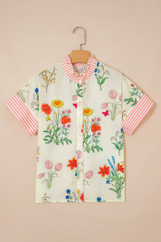 Beige Floral Striped Patchwork Ruffled Collar Short Sleeve Shirt