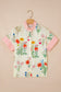 Beige Floral Striped Patchwork Ruffled Collar Short Sleeve Shirt