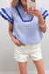 Pink Eyelet Embroidered Flower Texture Contrast Lace Trim Flutter Sleeve Blouse