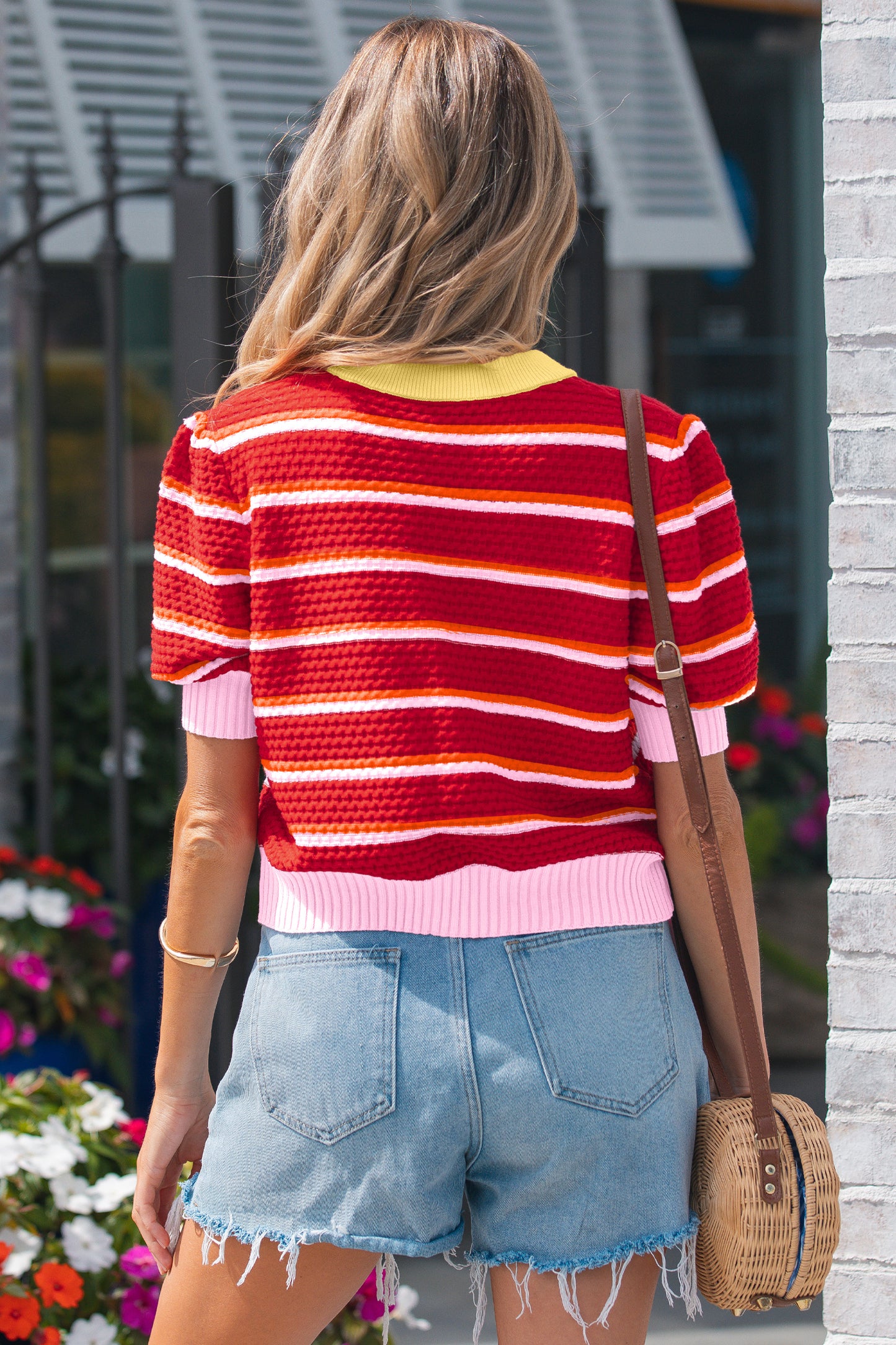 Green Stripe Colorblock Trim Half Sleeve Sweater Top