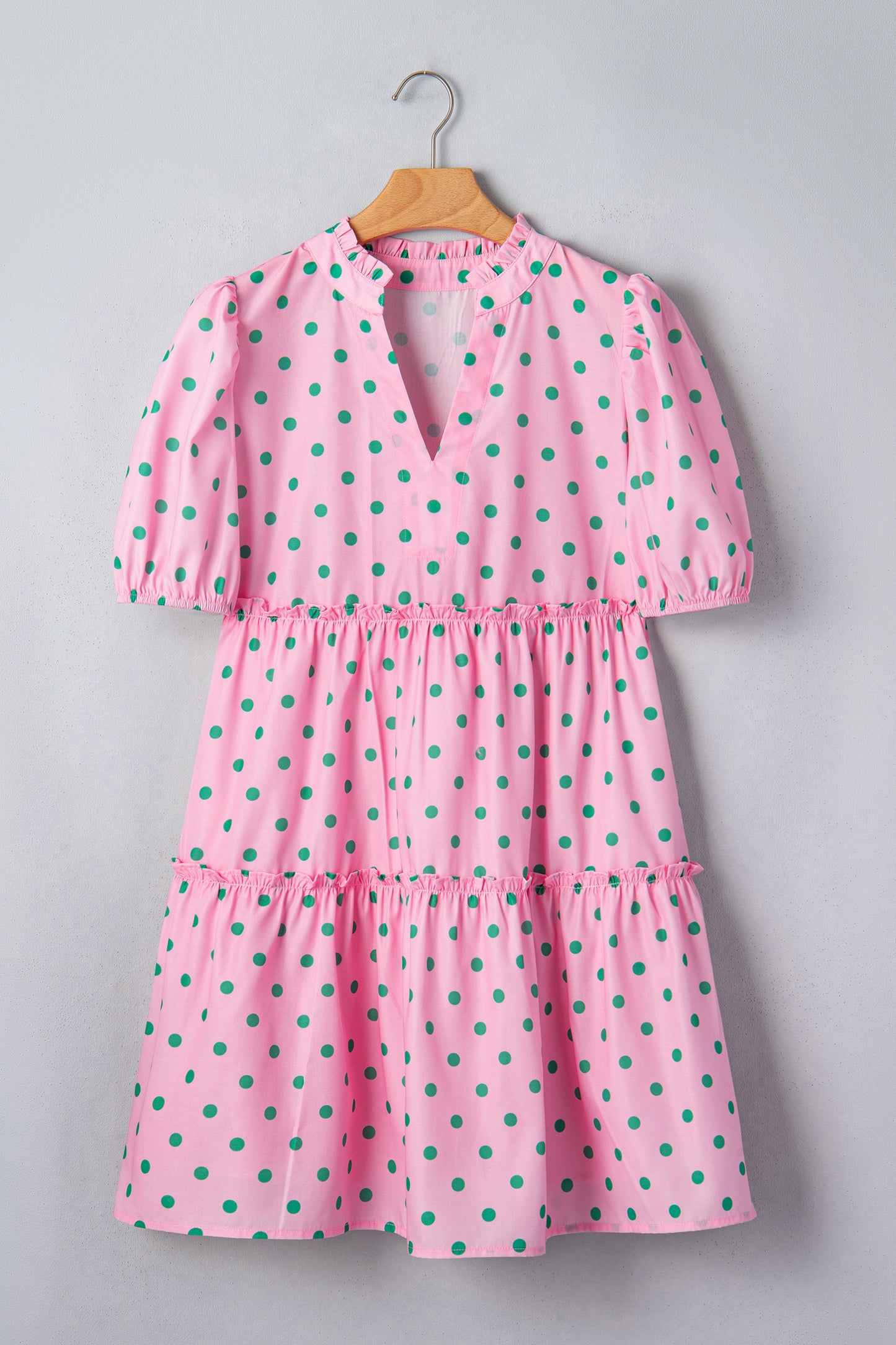 Pink Polka Dot Print V Neck Short Sleeve Tiered Mini Dress