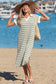 Green Stripe Collared V Neck Short Sleeve T Shirt Midi Dress with Pockets