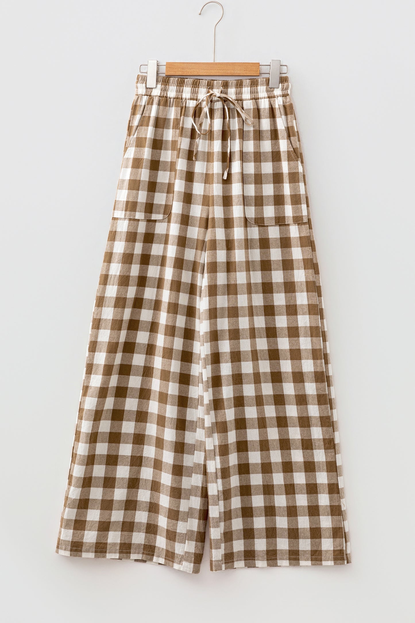Brown Gingham Plaid Tie Elastic Waist Shift Pants