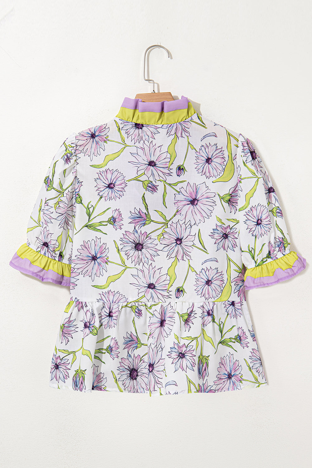 Purple Floral Print Striped Detail Split Neck Flounce Short Sleeve Peplum Blouse