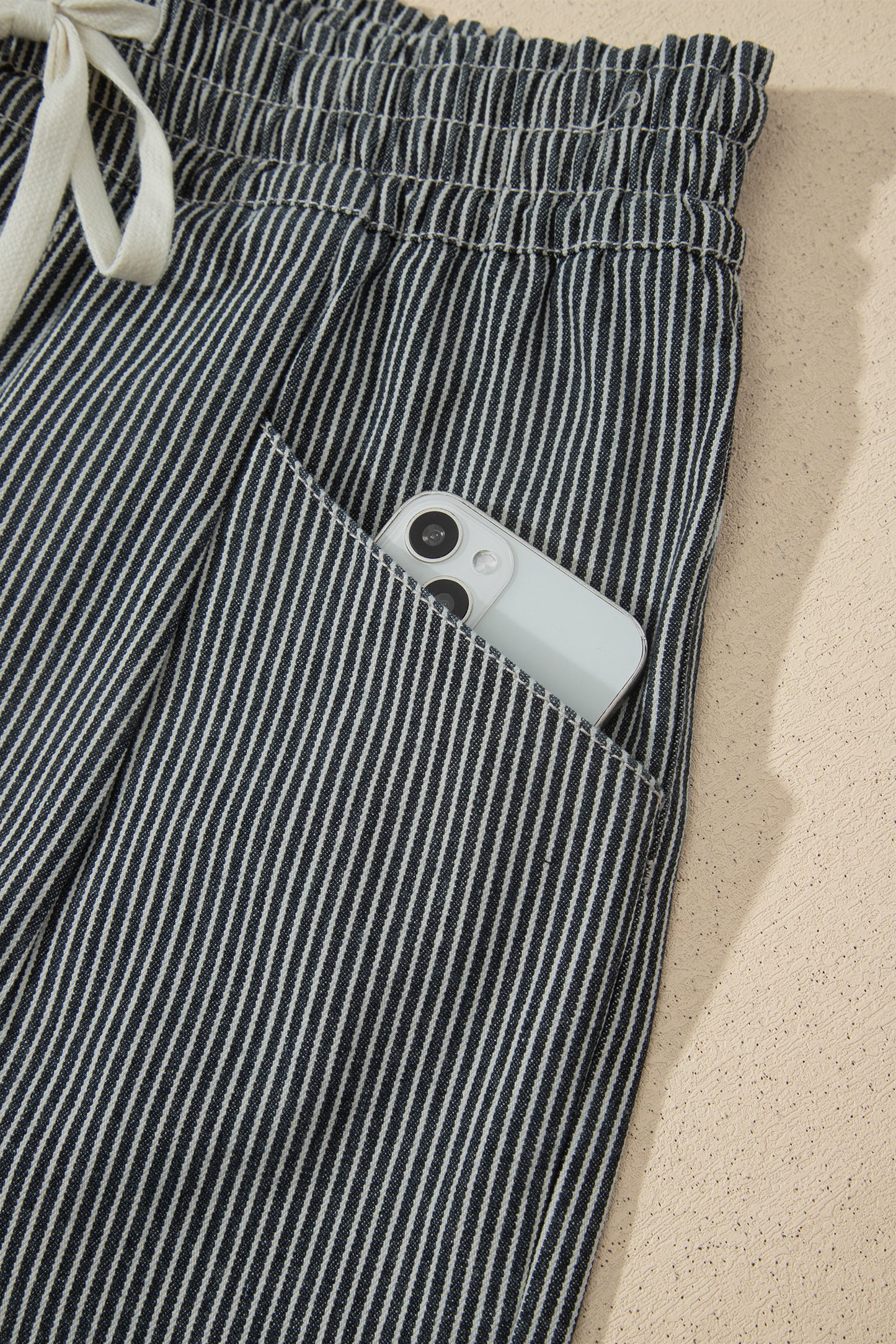 Black Stripe Raw Edge Drawstring Elastic Waist Casual Denim Shorts