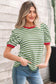 Brown Stripe Short Puff Sleeve Contrast Trim Round Neck Tee
