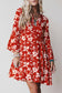 Sky Blue Boho Floral Print Lettuce Trim 3/4 Sleeve Mini Dress