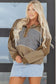 Jungle Green Mixed Texture Patchwork Exposed Seam Half Button Pullover Hooded Sweatshirt