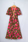 Green Floral Print Striped Trim Split Neck Short Puff Sleeve Ruffle Hem Maxi Dress