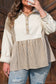 Khaki Stripe Plus Size Color Block Patchwork Half Button Long Sleeve Peplum Blouse