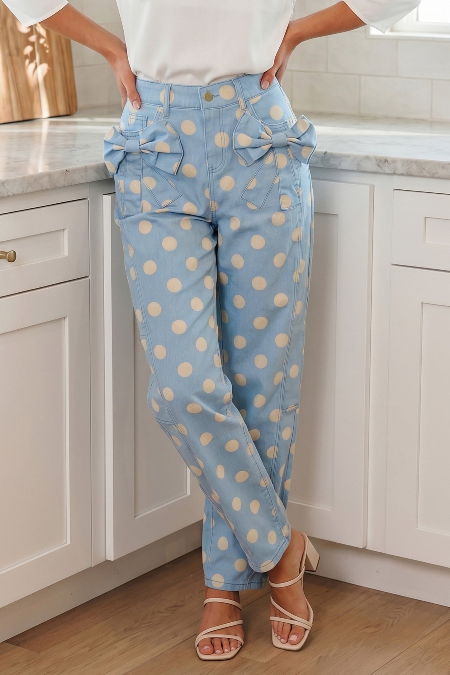 Sky Blue Polka Dot Print Bow Detail Pocketed Jeans