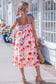 Red Floral Print Contrast Stitched Knot Denim Straps High Waist Dress
