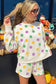 Sky Blue Polka Dot Print Drop Shoulder Pullover Drawstring Shorts Set