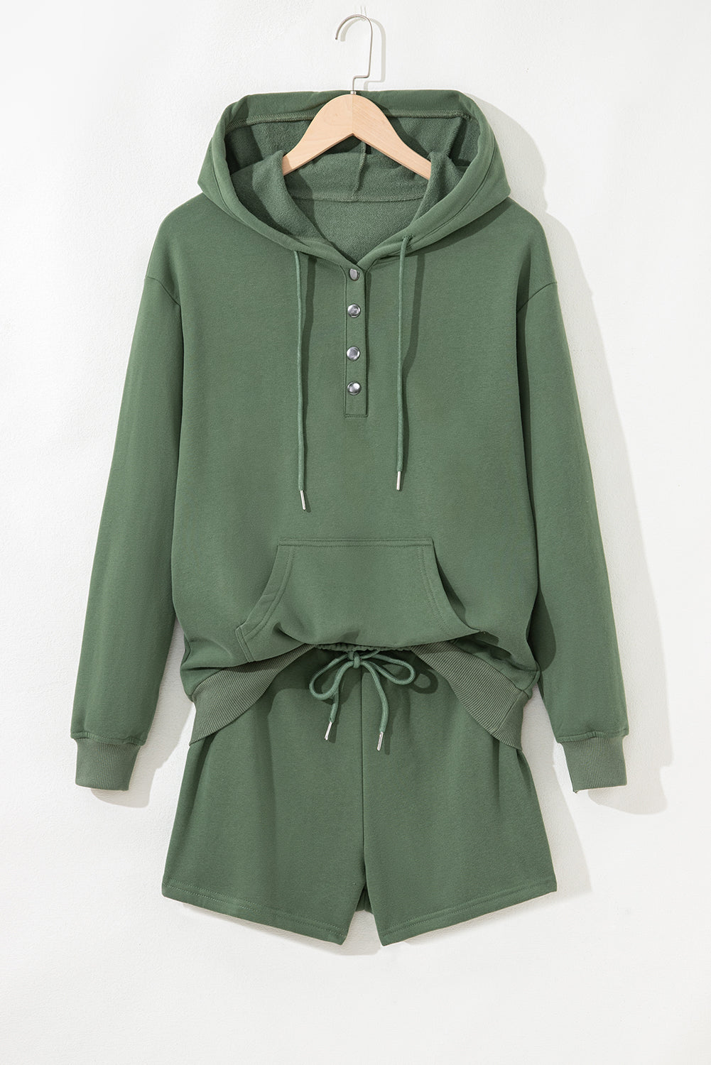 Black Button Drawstring Hooded Pullover and Casual Short Set