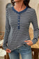Gray Stripe Denim Contrast Collar Half Button Long Sleeve Top