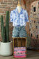 Blue Wild Animal Paradise Striped Detail V Neck Blouse