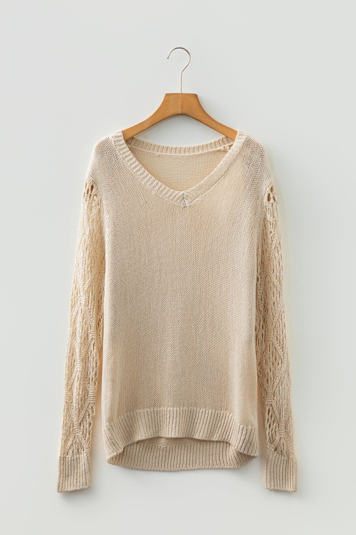 Black Solid V Neck Pointelle Knit Sleeve Patchwork Sweater