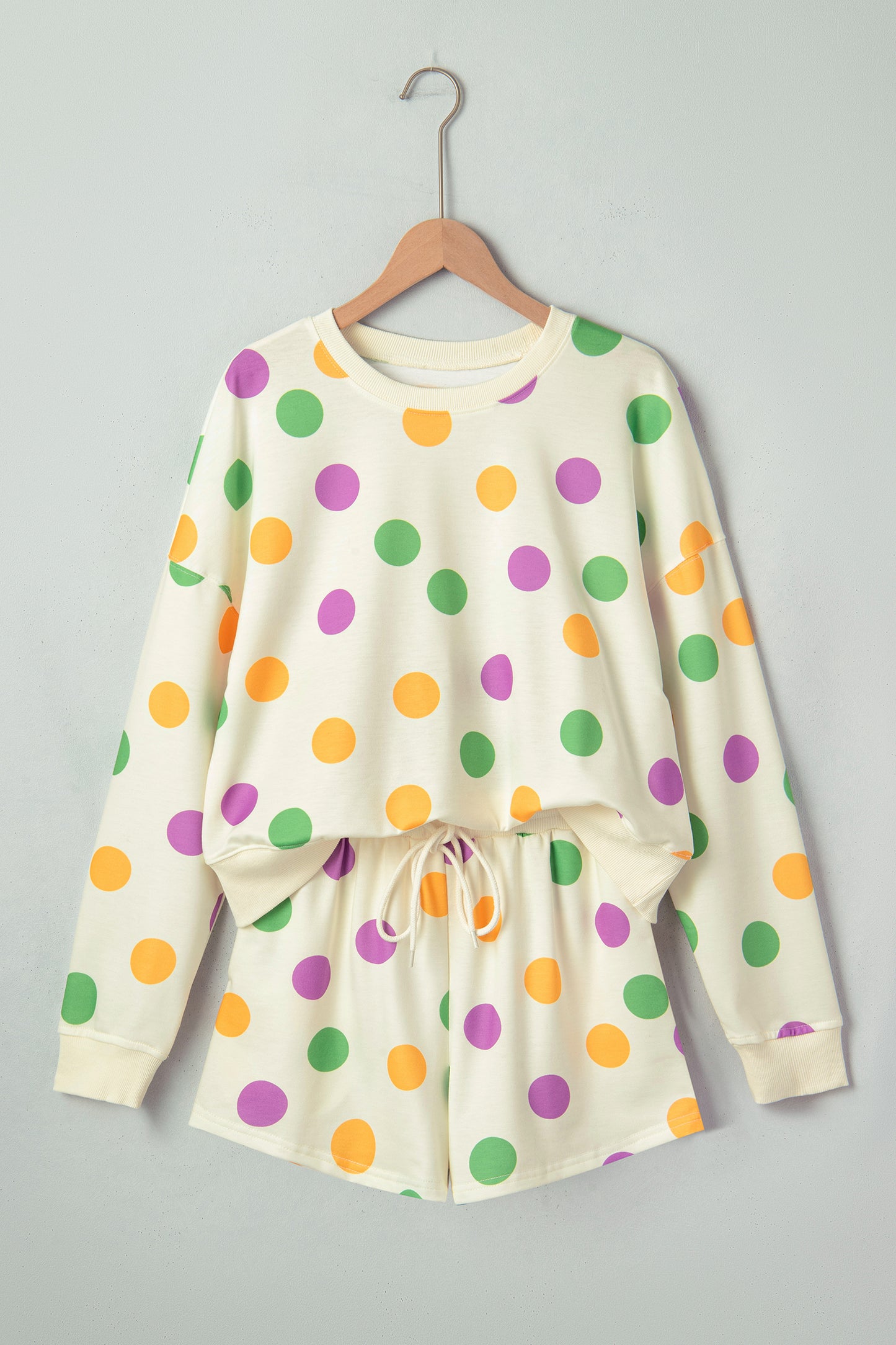 Sky Blue Polka Dot Print Drop Shoulder Pullover Drawstring Shorts Set