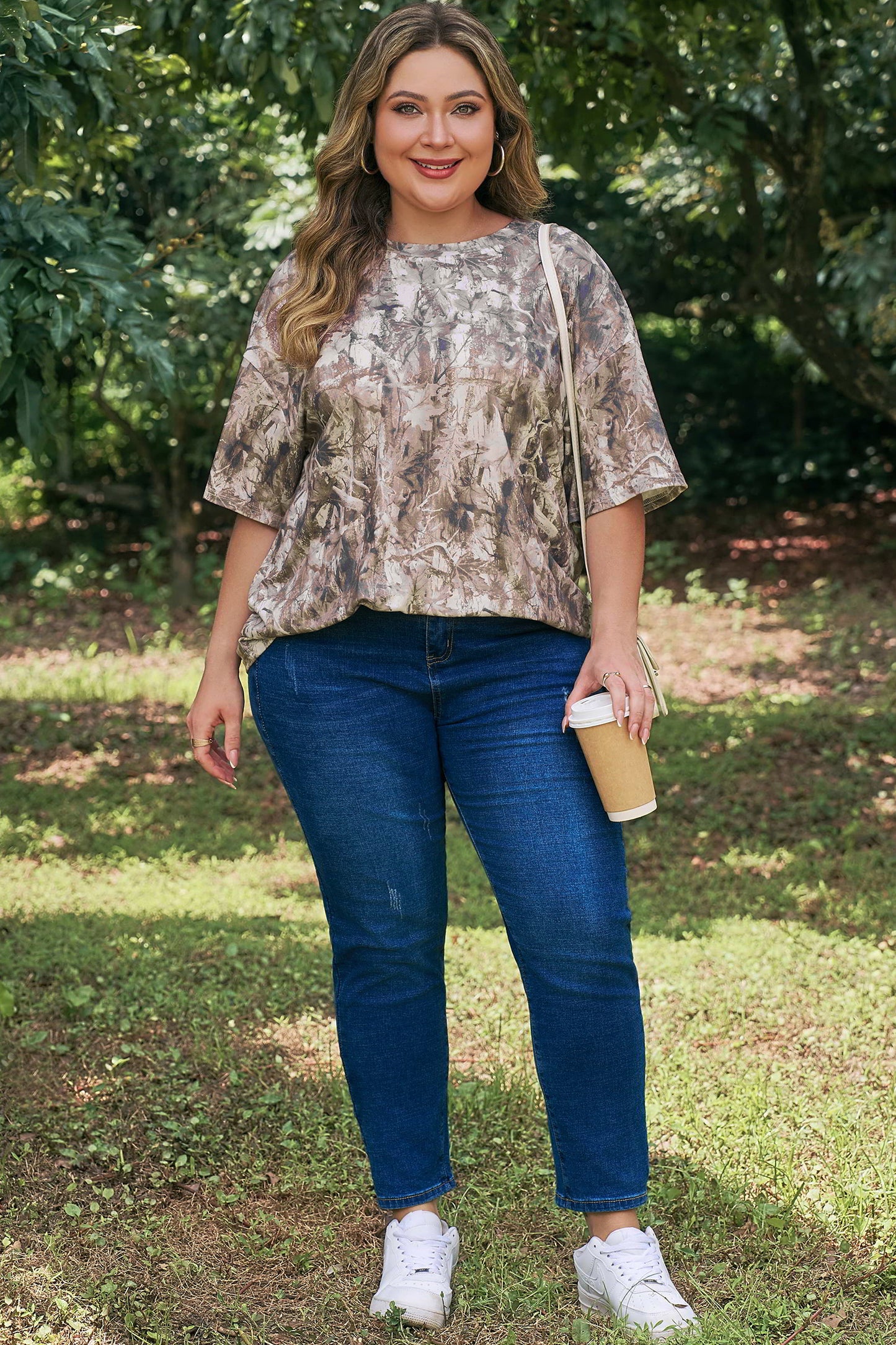 Khaki Plus Size Woodland Camouflage Print T Shirt