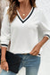 White Textured Knit Preppy Striped Trim V Neck Pullover Waffle Top