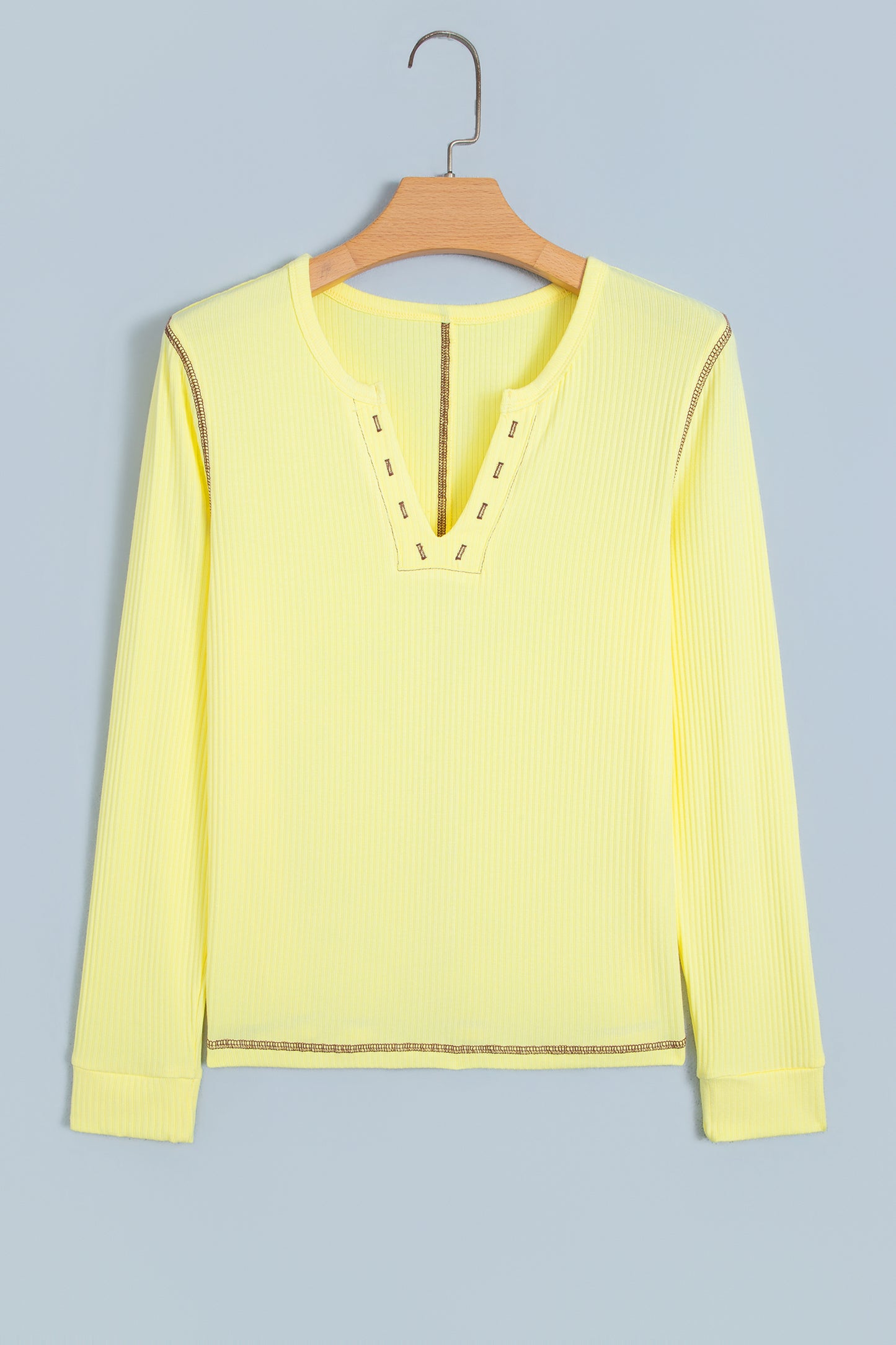 Banana Cream V Neck Ribbed Stitched Detail Long Sleeve Top