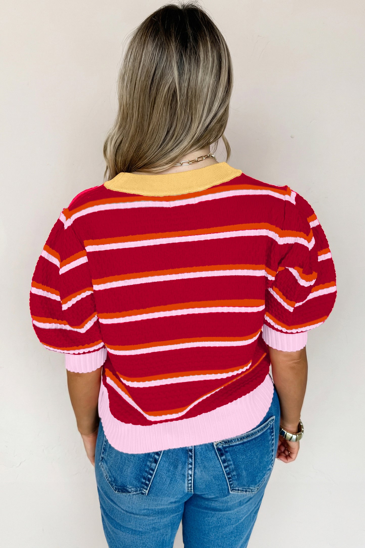 Green Stripe Colorblock Trim Half Sleeve Sweater Top