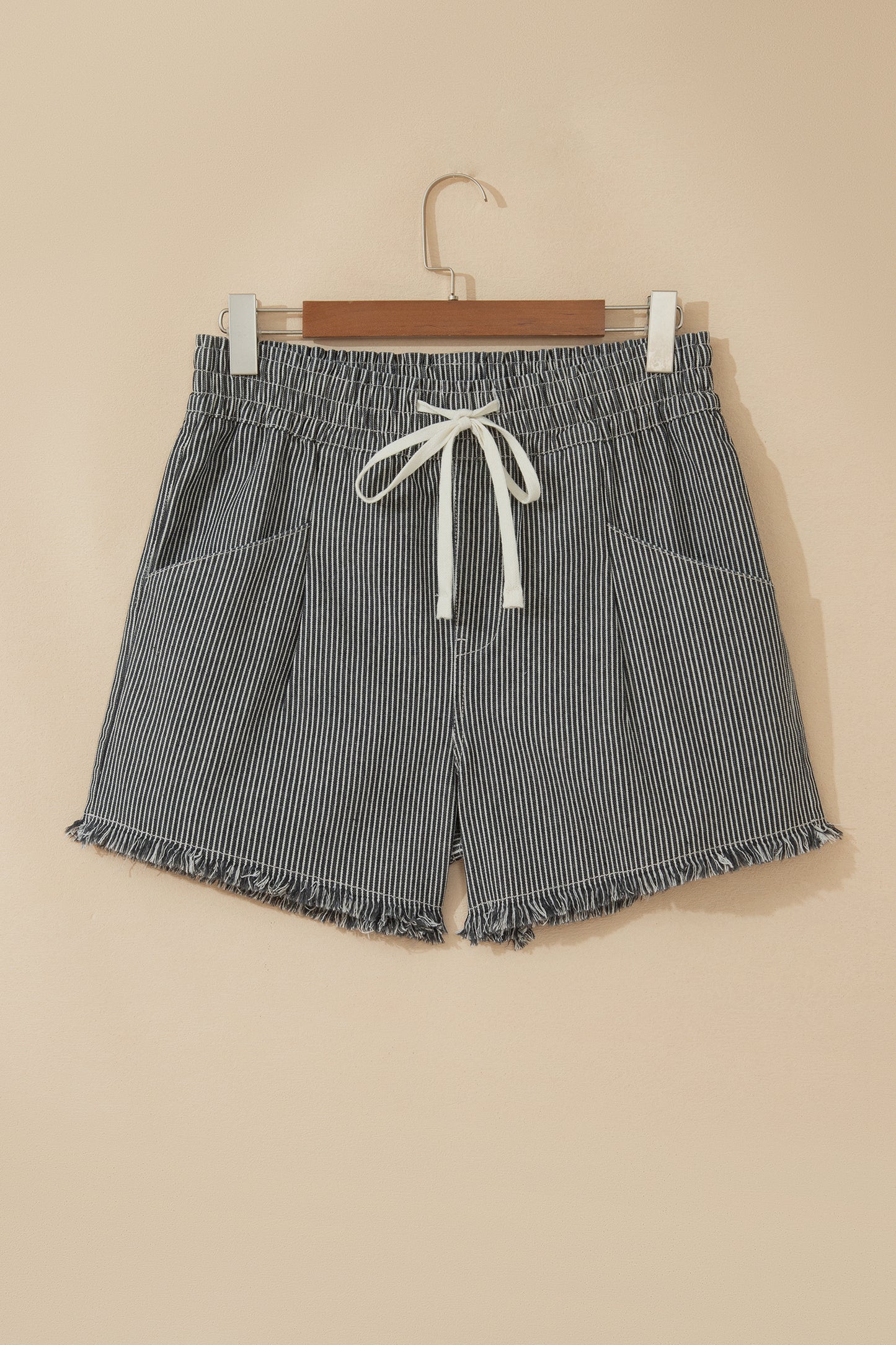 Black Stripe Raw Edge Drawstring Elastic Waist Casual Denim Shorts
