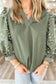 White Floral Puff Sleeve Contrast V Neck Patchwork Blouse
