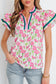 Pink Floral Print Contrast Trim V Neck Double Ruffled Short Sleeve Blouse