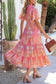 Multicolour Paisley Print V-Neck Short Sleeve Boho Maxi Dress with Ruffle Details