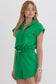 Bright Green Textured Short Sleeve Half Zip Drawstring Waist Romper