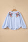 Sky Blue Stripe Floral Embroidered Billowy Sleeve Tunic Baggy Shirt
