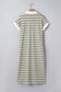 Green Stripe Collared V Neck Short Sleeve T Shirt Midi Dress with Pockets