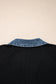 Black Plus Size Textured Contrast Denim Patchwork Button Polo Tee