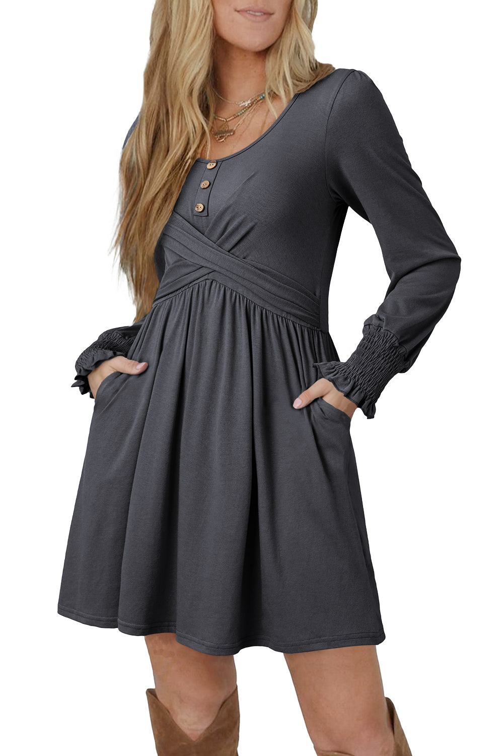 Canton Shirred Cuff Long Sleeve Button Round Neck Mini Dress